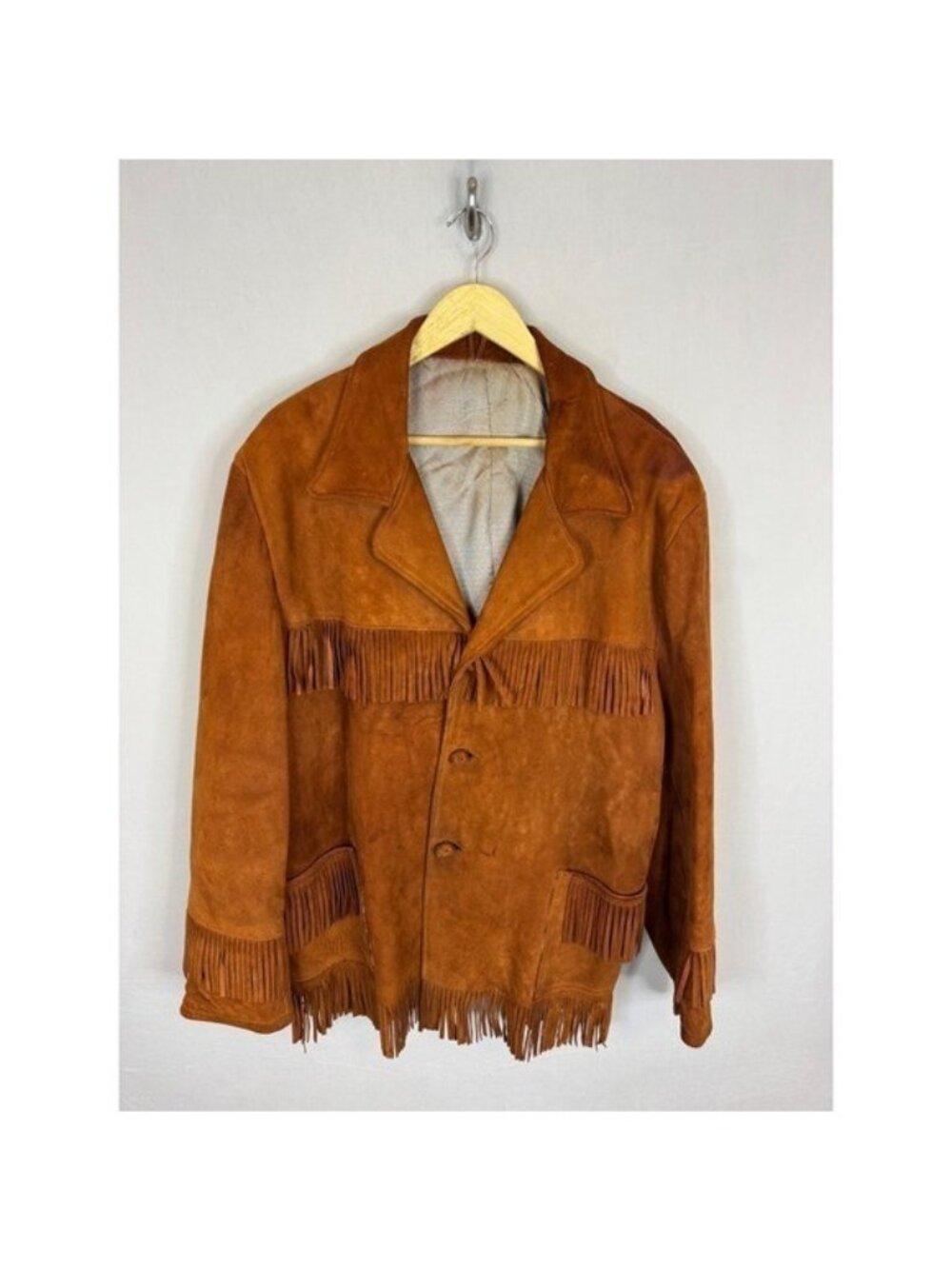 Vintage 60s Cognac Suede Fringe Western Jacket Boho Cowboy Coat Brown Men XL